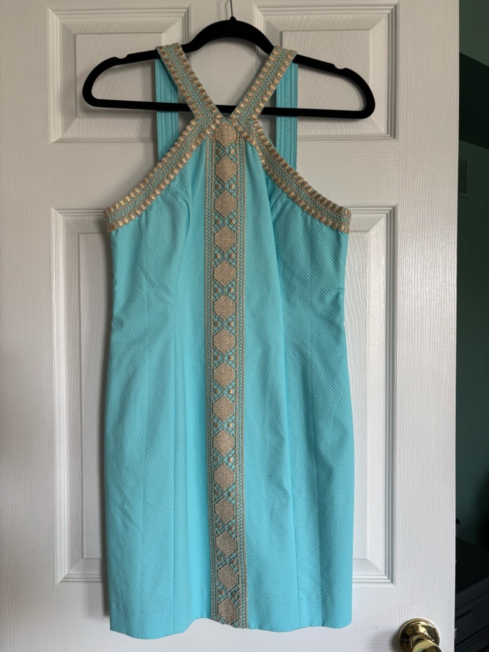 Lilly Pulitzer Vena Stretch Shift Dress-Bali Blue Dress with Gold Trim